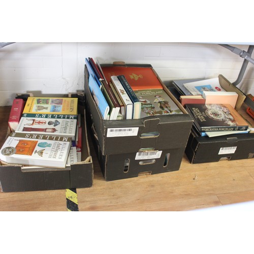 93 - Four boxes of books on all aspects of antiques, including Worcester porcelain, Derby porcelain, Nant... 