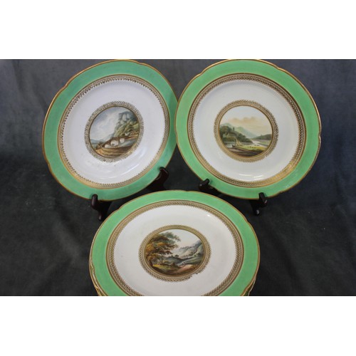 114 - A set of six Derby topographical plates, landscapes, within green borders, c. 1800, each 17cm in dia... 