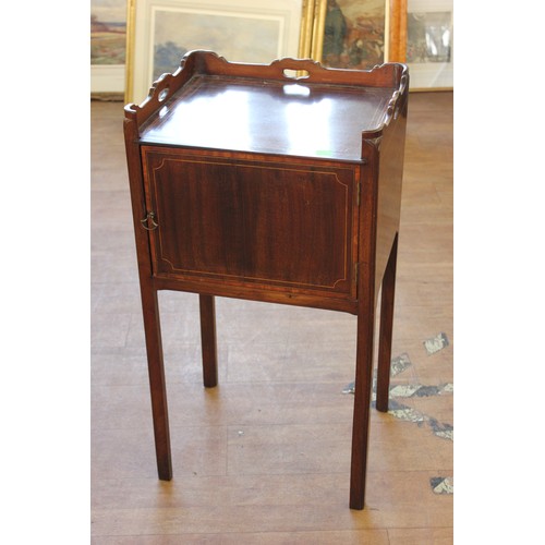 128 - A small 19th century inlaid mahogany tray top bedside cabinet, on four chamfered legs, 41cm wide.