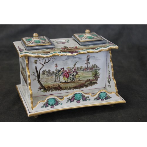 144 - A Clignancourt porcelain ink stand, c. 1771-99, decorated figural and landscape panels, 18cm wide, e... 