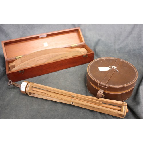 183 - A beech yarn winder, an M.D.S. collar template set, in mahogany box, and a leather collar box contai... 