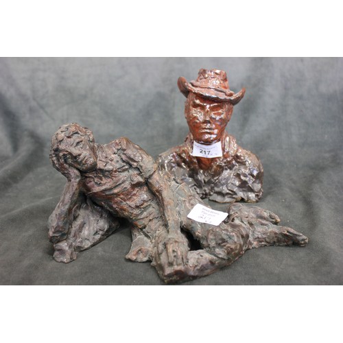 217 - Sheila Cook of Maidstone (1933-2021)- A brown glazed pottery bust of stylised cowboy, 17cm high and ... 