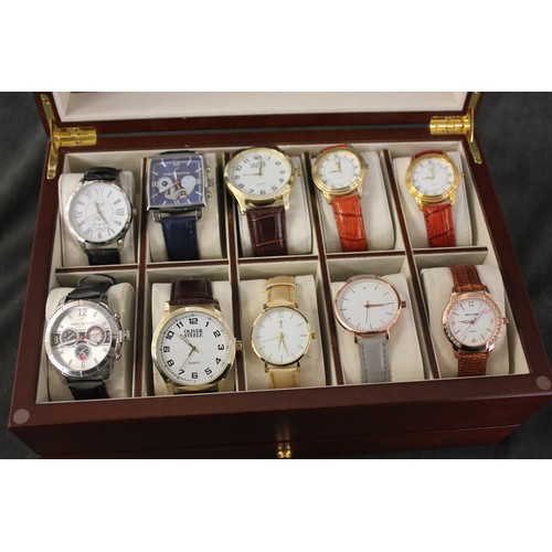 238 - A reproduction mahogany watch display case, containing ten modern designer style wrist watches, with... 