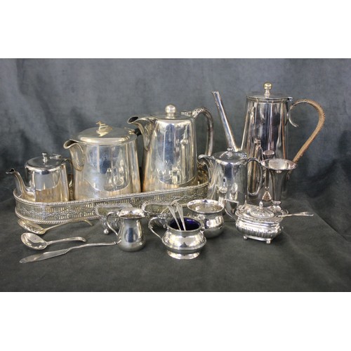 255 - Small silver-plated oval galleried tray, pair of salts, a caddy spoon, and various pieces of tea war... 