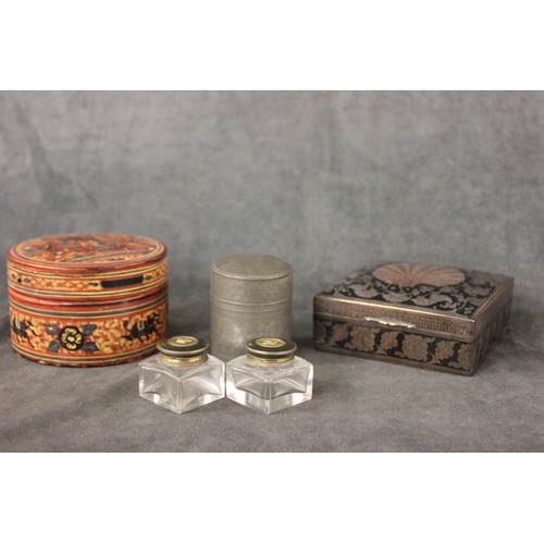 309 - An Indian brass and lacquered trinket box, with peacock design to lid, 13cm wide, two small ink well... 