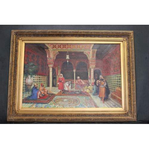 327 - J. Culter - interior scene with Arabs, oil on wood panel, 50cm x 90cm.