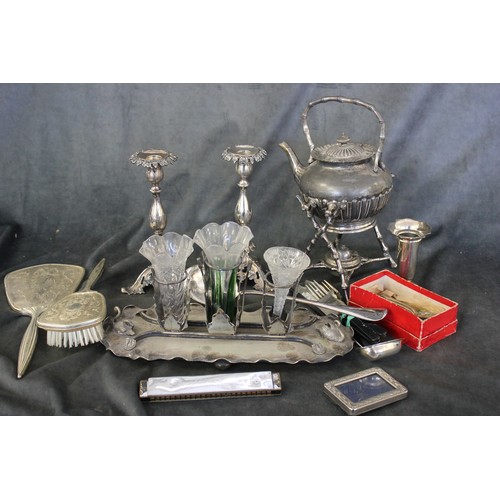 349 - A pair of decorative silver-plated candlesticks, with engraved initials, silver-plated tea kettle, o... 