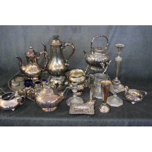 350 - A silver-plated tea kettle, on stand, a four piece tea and coffee set, a single coffee pot, an oval ... 