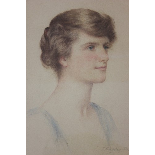 114 - J. Shirley Fox - portrait, possibly of Margery Thomasson, pastel and crayon, 39cm x 31cm.