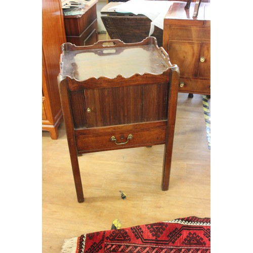 174 - A George III mahogany tray top bedside cabinet, with tambour shutter, above a single drawer, on squa... 