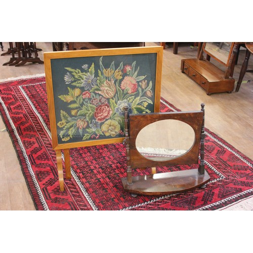 177 - A satin beech table firescreen with embroidered centre panel, 55cm wide, and a small stained mahogan... 