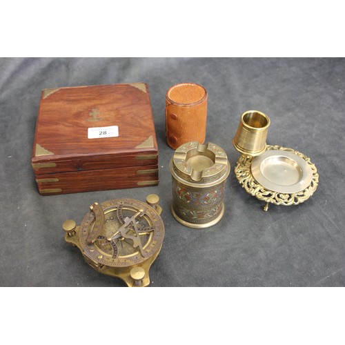 232 - A small marine compass in wood box, a brass table top ash-stand, with replaced tray, a set of small ... 