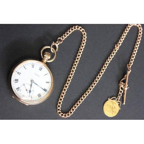 213 - A 9ct gold keyless wound open faced pocket watch, white enamel dial, inscribed 