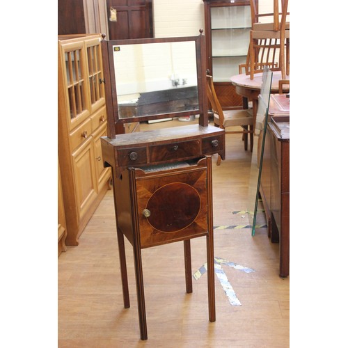 244 - An Edwardian inlaid mahogany bedside cabinet, 36cm wide, and a Regency mahogany toilet mirror, 49cm ... 