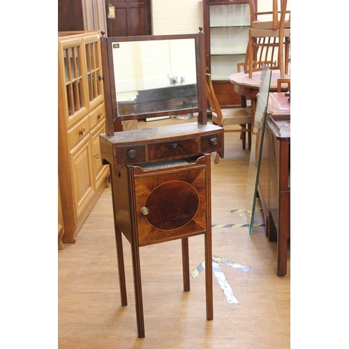 244 - An Edwardian inlaid mahogany bedside cabinet, 36cm wide, and a Regency mahogany toilet mirror, 49cm ... 