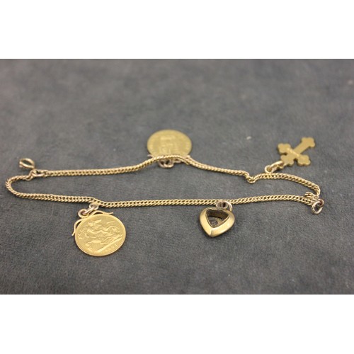 218 - A slender link chain charm bracelet, with an 18ct gold cross charm, an unmarked heart shaped charm, ... 