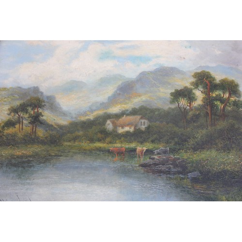 25 - William Langley - landscape with cottage and cattle near river, oil on canvas, signed, 40cm x 60cm.