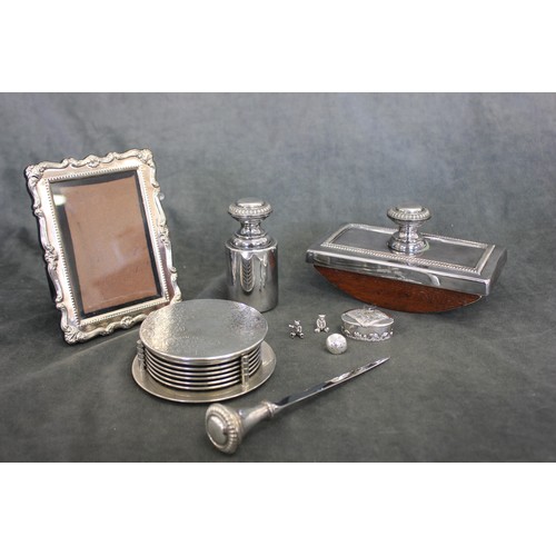 193 - A Silver-plated three piece desk set, a set of silver-plated coasters, in stand, a single coaster, a... 