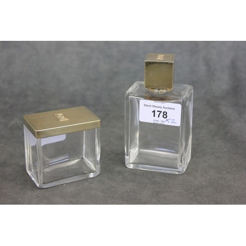 178 - An Art Deco style scent bottle, with silver gilt cover, engine turned decoration, and initialled E.R... 