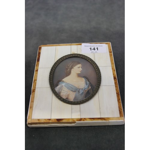 141 - Early 20th century school- miniature oval portrait of pretty young woman in simulated ivory and burr... 