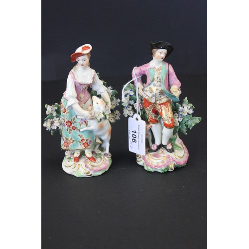 59 - A pair of Derby porcelain figures of youth and shepherdess on scrolled bases each 14cm high. AF. (2)