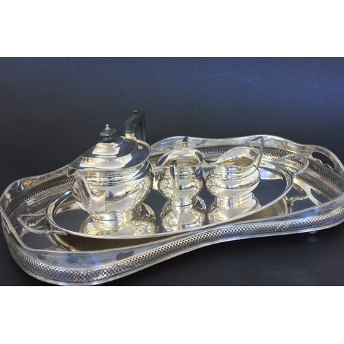 13 - A silver plated kidney-shaped and galleried tea-tray, 62cm wide, an oval two-handled silver-plated t... 