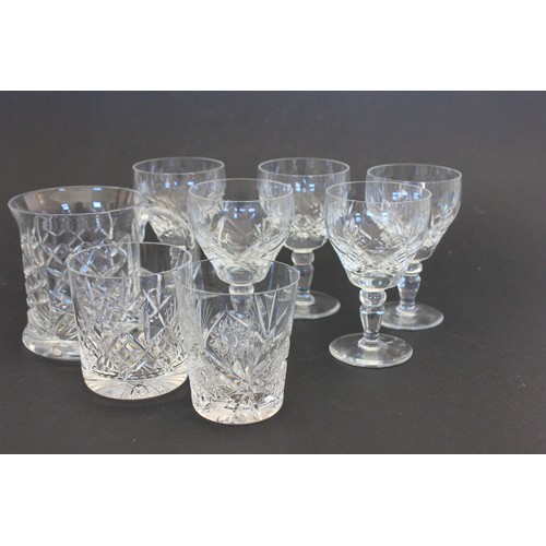 43 - Five Brierley lozenge cut glass wine glasses, two non-matching spirit tumblers, and a beer mug, one ... 