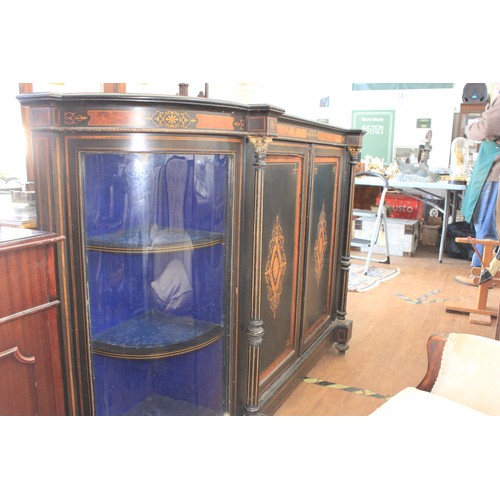 44 - A Victorian ebonised and walnut inlaid credenza, with gilt brass mounts and edges, the centre enclos... 