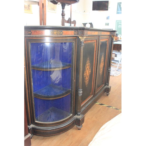 44 - A Victorian ebonised and walnut inlaid credenza, with gilt brass mounts and edges, the centre enclos... 