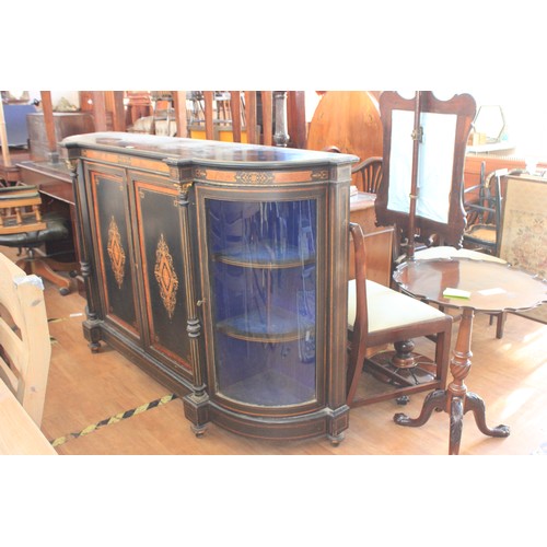 44 - A Victorian ebonised and walnut inlaid credenza, with gilt brass mounts and edges, the centre enclos... 