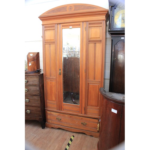 45 - A late Victorian satin walnut single wardrobe, with mirrored panel door and single drawer to base, 1... 