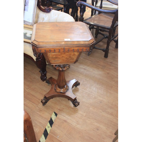 46 - A Victorian work table, of octagonal form, on carved column and quadriform base, with knurled feet, ... 