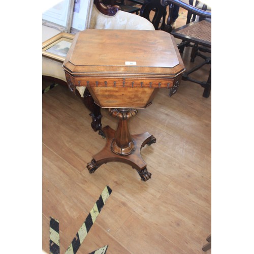 46 - A Victorian work table, of octagonal form, on carved column and quadriform base, with knurled feet, ... 