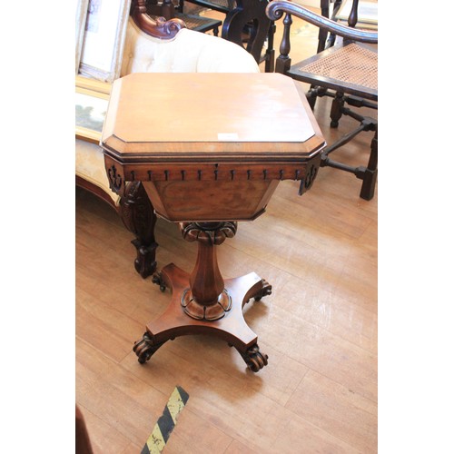 46 - A Victorian work table, of octagonal form, on carved column and quadriform base, with knurled feet, ... 