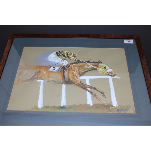 50 - Peter Curling (b.1955)- race horse, with jockey up, in racing pose, colourwash, pastel and gouache, ... 