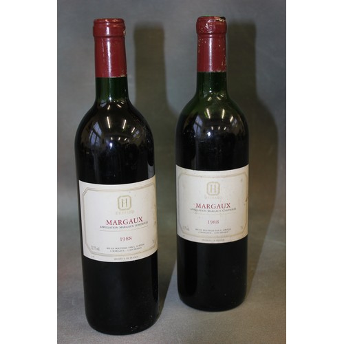 52 - Two bottles of Hediard Margaux 1988, Bordeaux, red wine,  liquid level low neck, and mid shoulder re... 