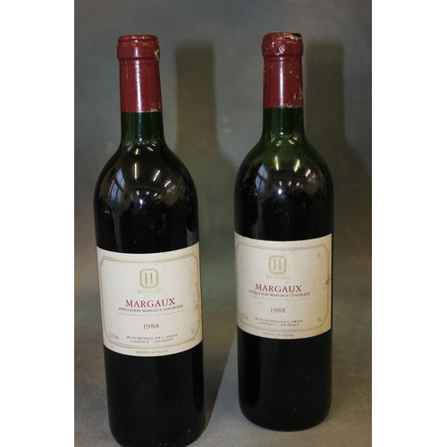 52 - Two bottles of Hediard Margaux 1988, Bordeaux, red wine,  liquid level low neck, and mid shoulder re... 