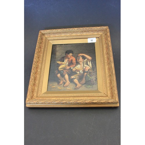 82 - Continental school - two boys in period dress eating loaf of bread and grapes, oil on board, 24cm x ... 