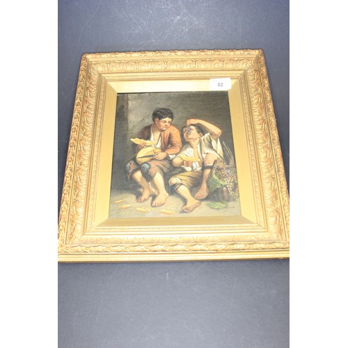 82 - Continental school - two boys in period dress eating loaf of bread and grapes, oil on board, 24cm x ... 