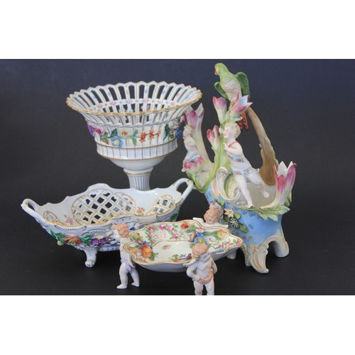 281 - A Dresden style porcelain centre piece with basket top, 25cm high, two decorative Dresden bowls, and... 