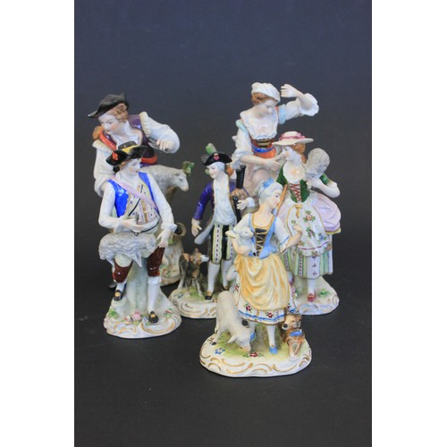 282 - Three pairs of Sitzendorf and Dresden porcelain figures of shepherds and shepherdesses, from 17cm hi... 