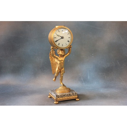 19 - A late 19th/early 20th century French mantel  timepiece, gilt metal case, supported by a figure of c... 