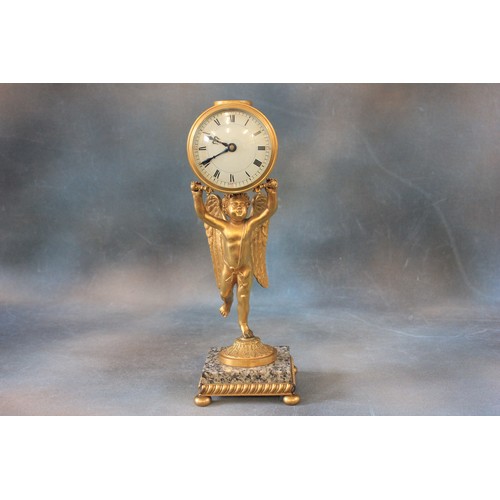 19 - A late 19th/early 20th century French mantel  timepiece, gilt metal case, supported by a figure of c... 