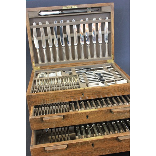 51 - A suite of Mappin and Webb silver plated and stainless steel cutlery, approx 147 pieces, in an oak A... 