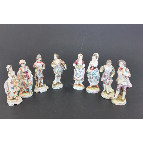 80 - Eight Dresden porcelain figures of youths and maidens in poses, each between 10cm and 11.5cm high, s... 