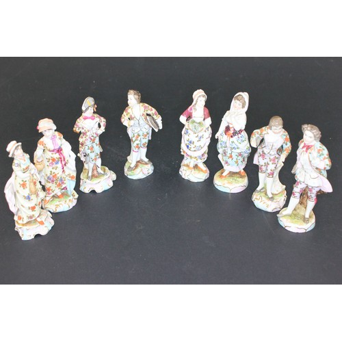 80 - Eight Dresden porcelain figures of youths and maidens in poses, each between 10cm and 11.5cm high, s... 