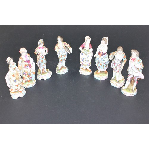 80 - Eight Dresden porcelain figures of youths and maidens in poses, each between 10cm and 11.5cm high, s... 