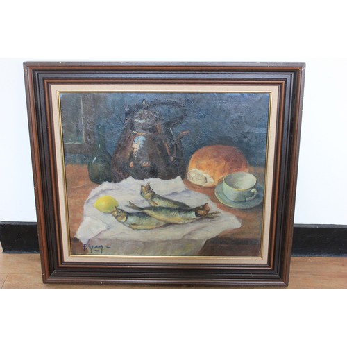 101 - F.Gev*** - still life of fish, bread and other objects,  oil on canvas, 59cm x 69cm.