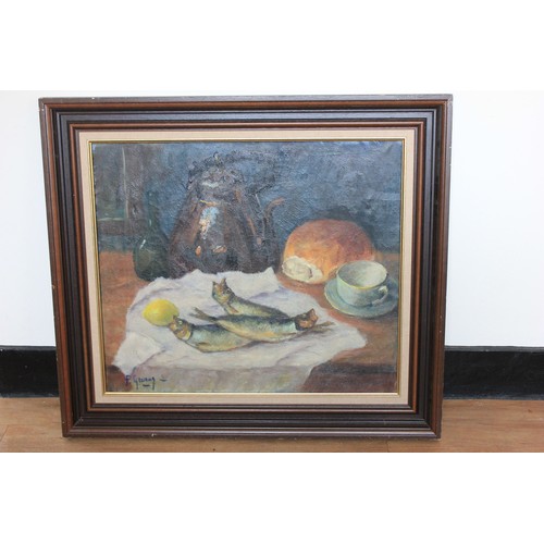 101 - F.Gev*** - still life of fish, bread and other objects,  oil on canvas, 59cm x 69cm.