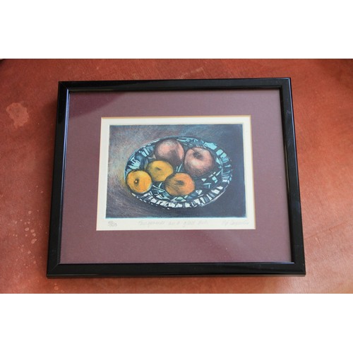 7 - After Pip Carpenter - etching, coloured, still life, Tangerines and glass dish, 13cm x17cm.